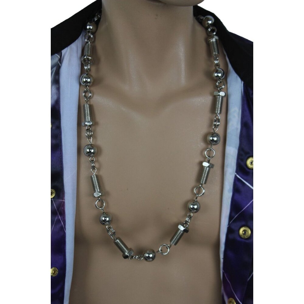 New Men Women Fashion Long Necklace Silver Metal Balls Tools Screws Biker Style